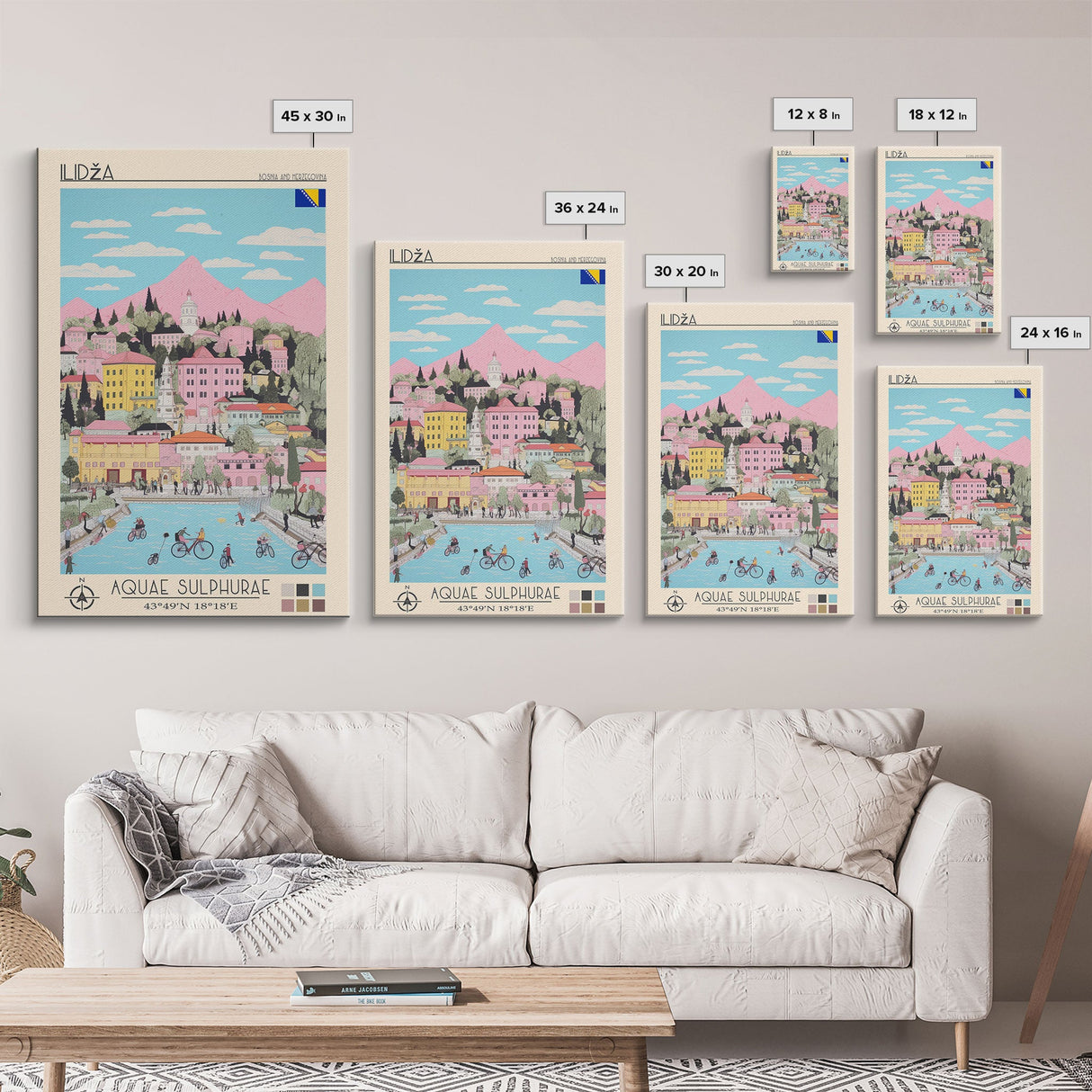 Ilidža Bosnia and Herzegovina Travel Poster Framed Canvas Print, Midcentury Modern Art, Pop Art Wall Decor, Scenic Wall Art, Bedroom Decoration