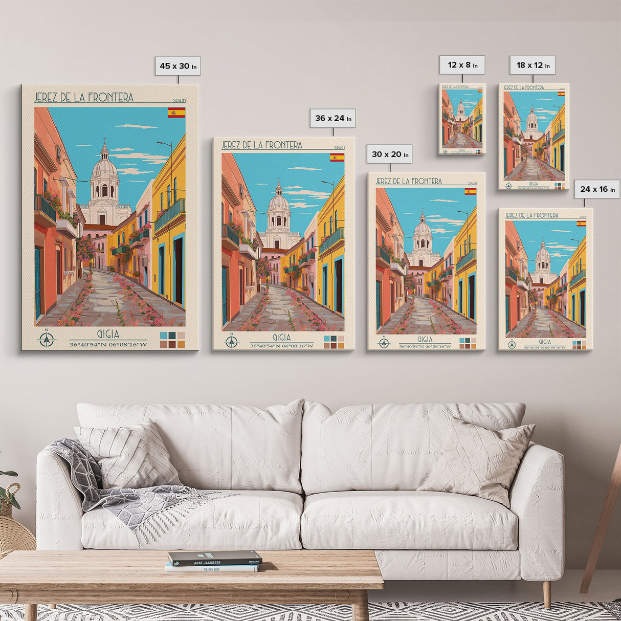 Jerez de la Frontera Spain Travel Poster Framed Canvas Print, Midcentury Modern Art, Pop Art Wall Decor, Scenic Bedroom Art, Office Decoration