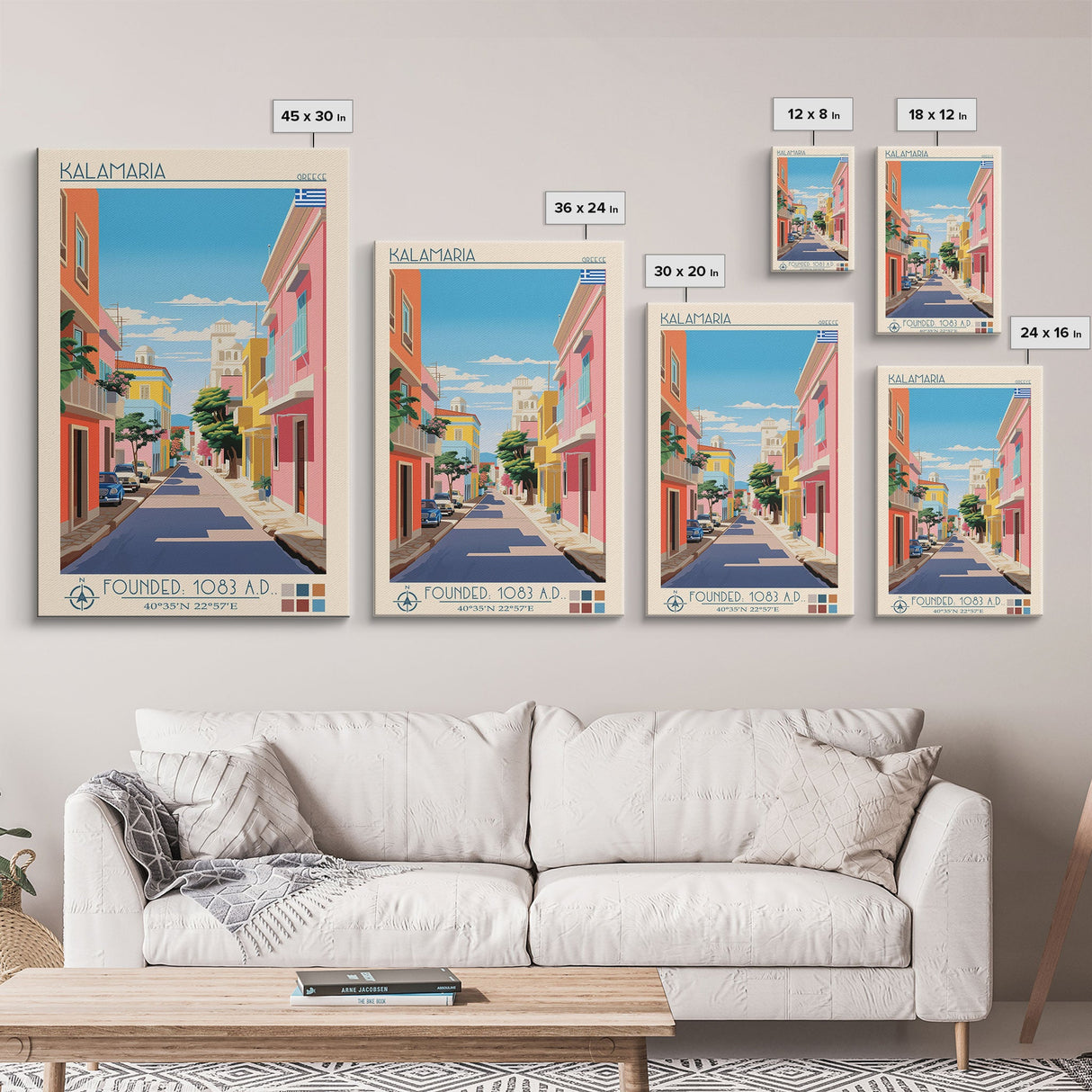 Kalamaria Greece Travel Poster Framed Canvas Print, Midcentury Modern Art, Pop Art Wall Decor, Scenic Wall Art, Living Room Decoration, Office Art