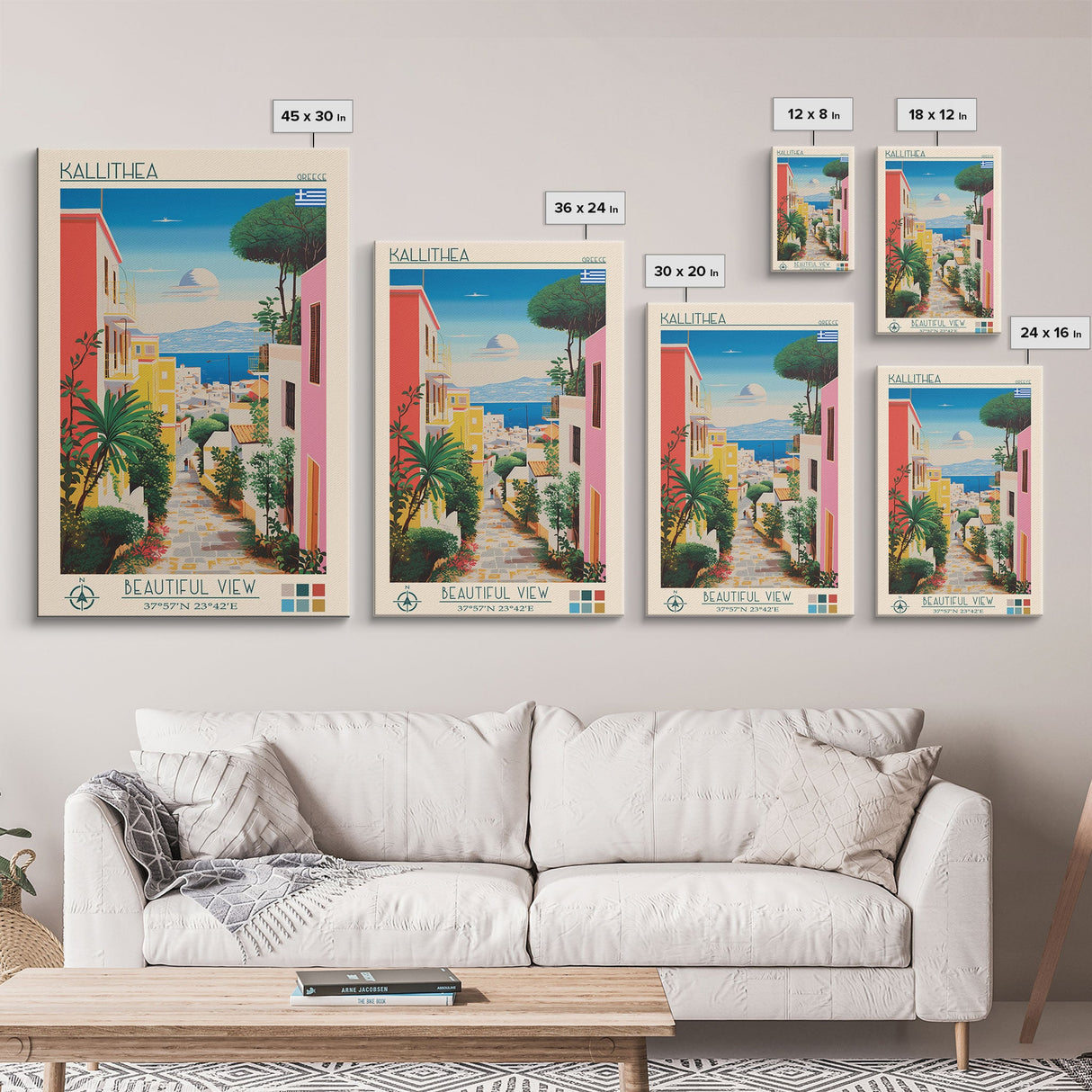 Kallithea Greece Travel Poster Framed Canvas Print, Midcentury Modern Art, Pop Art Wall Decor, Scenic Wall Art, Living Room Decoration, Office Gift