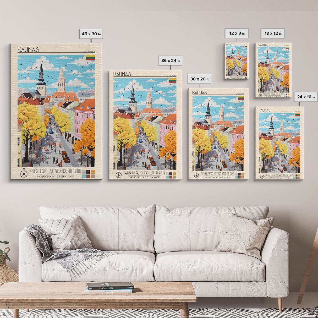 Kaunas Lithuania Travel Poster Framed Canvas Print, Midcentury Modern Art, Pop Art Wall Decor, Scenic Living Room Art, Bedroom Gift