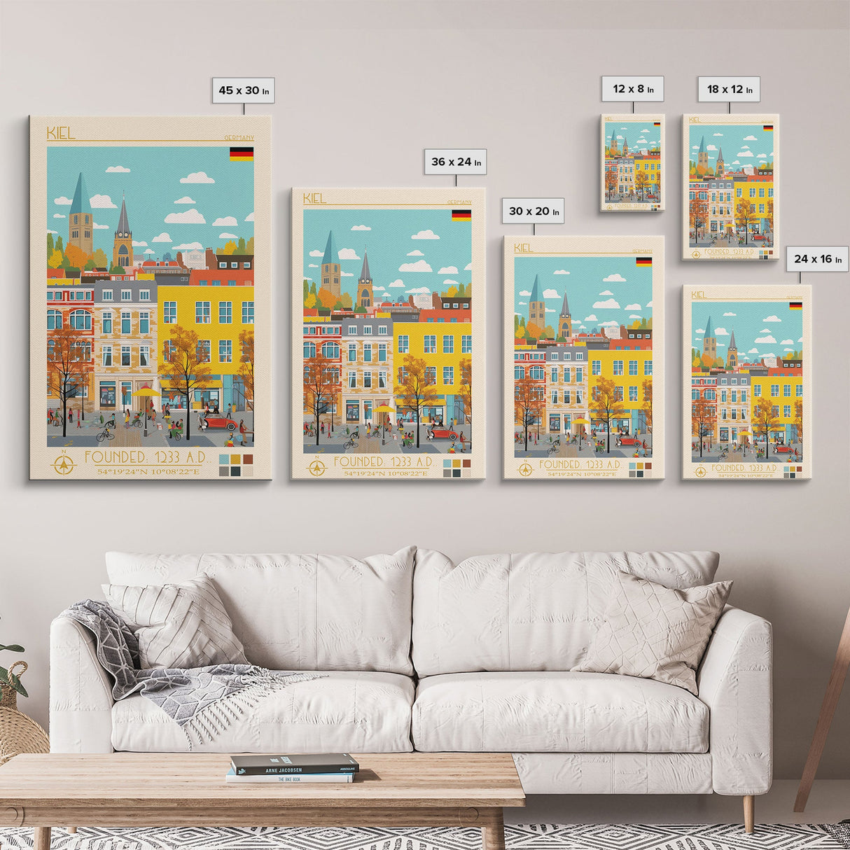 Kiel Germany Travel Poster Framed Canvas Print, Midcentury Modern Art, Pop Art Wall Decor, Scenic Wall Art, Living Room Decoration, Office Art