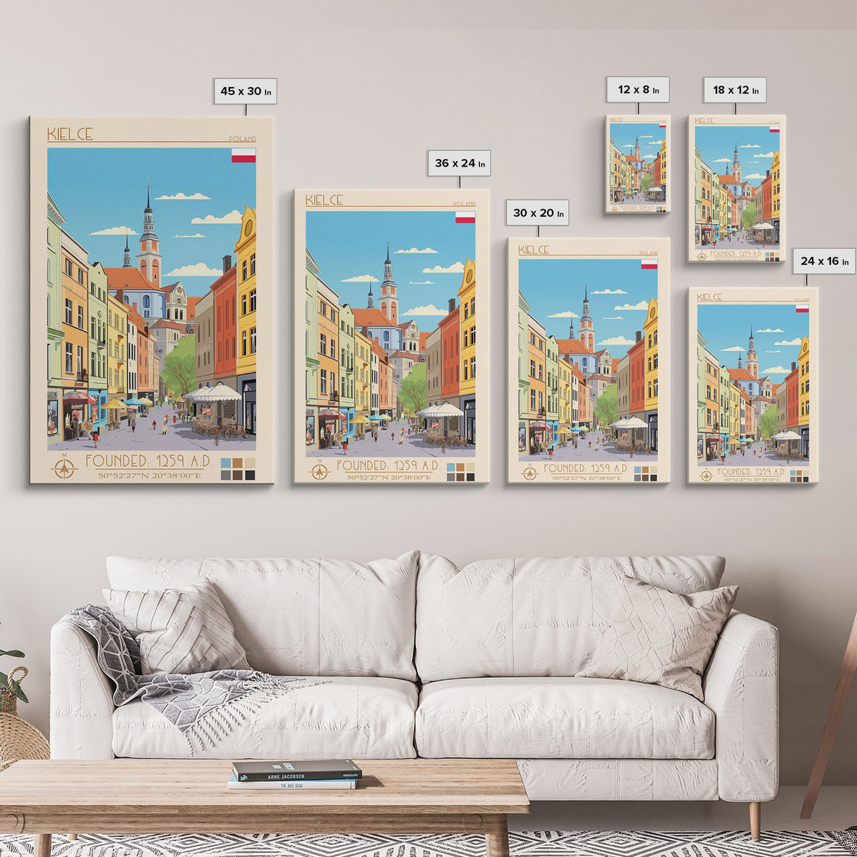 Kielce Poland Travel Poster Framed Canvas Print, Midcentury Modern Art, Pop Art Wall Decor, Scenic Wall Art, Bedroom Decoration