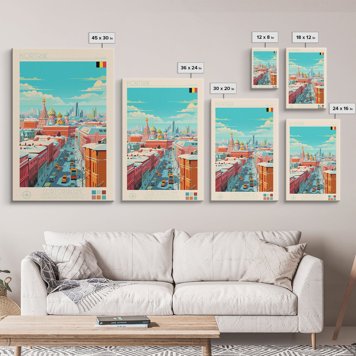 Kortrijk Belgium Travel Poster Framed Canvas Print, Midcentury Modern Art, Pop Art Wall Decor, Scenic Living Room Art, Bedroom Decor