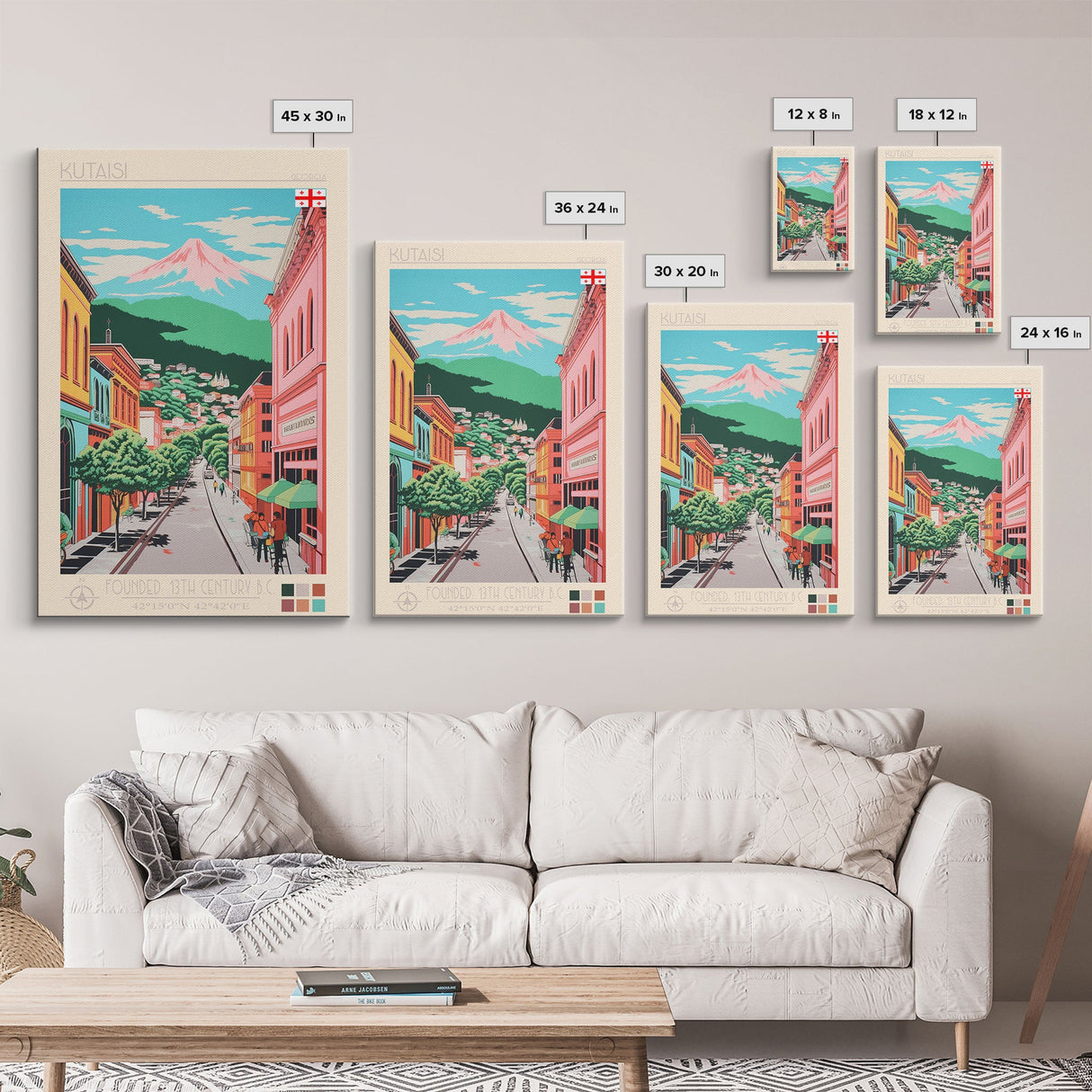 Kutaisi Georgia Travel Poster Framed Canvas Print, Midcentury Modern Art, Pop Art Wall Decor, Scenic Living Room Art, Bedroom Decor