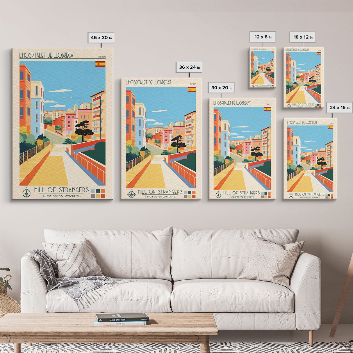 L'Hospitalet de Llobregat Spain Travel Poster Framed Canvas Print, Midcentury Modern Art, Pop Art Wall Decor, Home Decor, Vacation Gift, Office Art