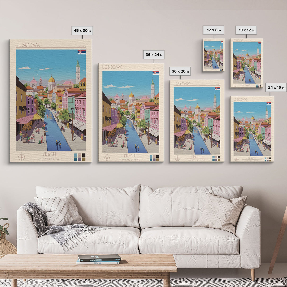 Leskovac Serbia Travel Poster Framed Canvas Print, Midcentury Modern Art, Pop Art Wall Decor, Scenic Wall Art, Living Room Decoration, Office Art