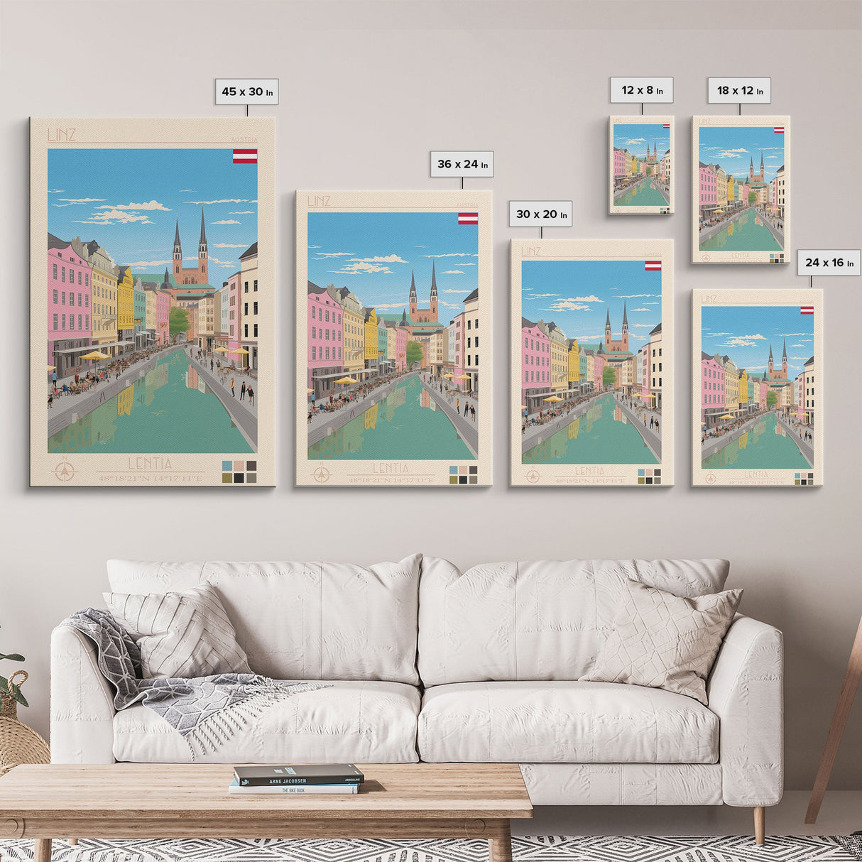 Linz Austria Travel Poster Framed Canvas Print, Wall Decor, Midcentury Modern Art, Pop Art, Scenic Art for Bedroom and Living Room