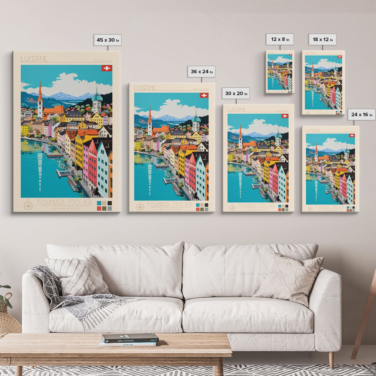 Lucerne Switzerland Travel Poster Framed Canvas Print, Midcentury Modern Art, Pop Art Wall Decor, Scenic Art, Living Room and Office Gift