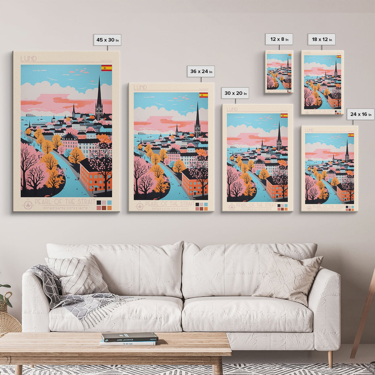 Lund Sweden Travel Poster Framed Canvas Print, Midcentury Modern Art, Pop Art Wall Decor, Scenic Art, Home and Office Decoration