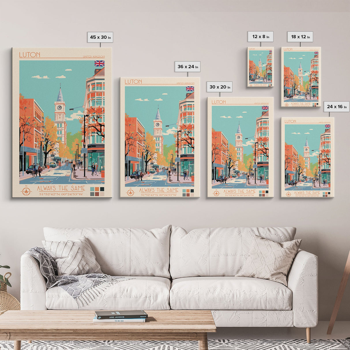 Luton United Kingdom Travel Poster Framed Canvas Print, Wall Decor, Midcentury Modern Art, Pop Art, Scenic Art for Living Room and Office