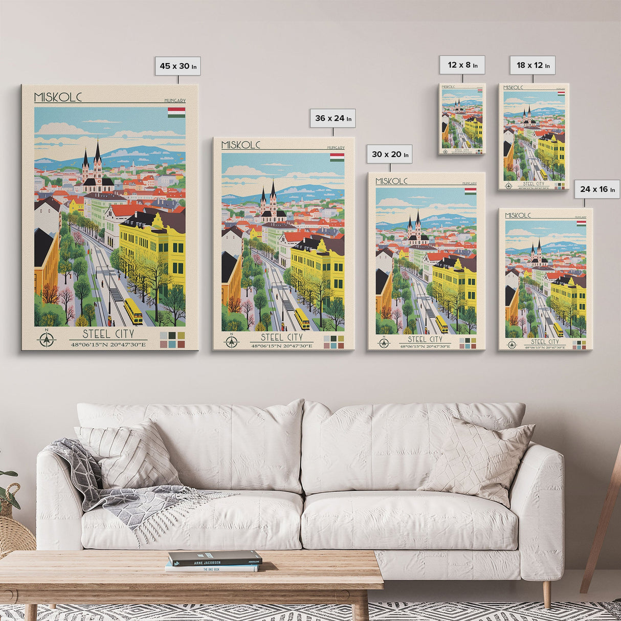 Miskolc Hungary Travel Poster Framed Canvas Print, Midcentury Modern Art, Pop Art Wall Decor, Scenic Living Room Art, Bedroom Decor