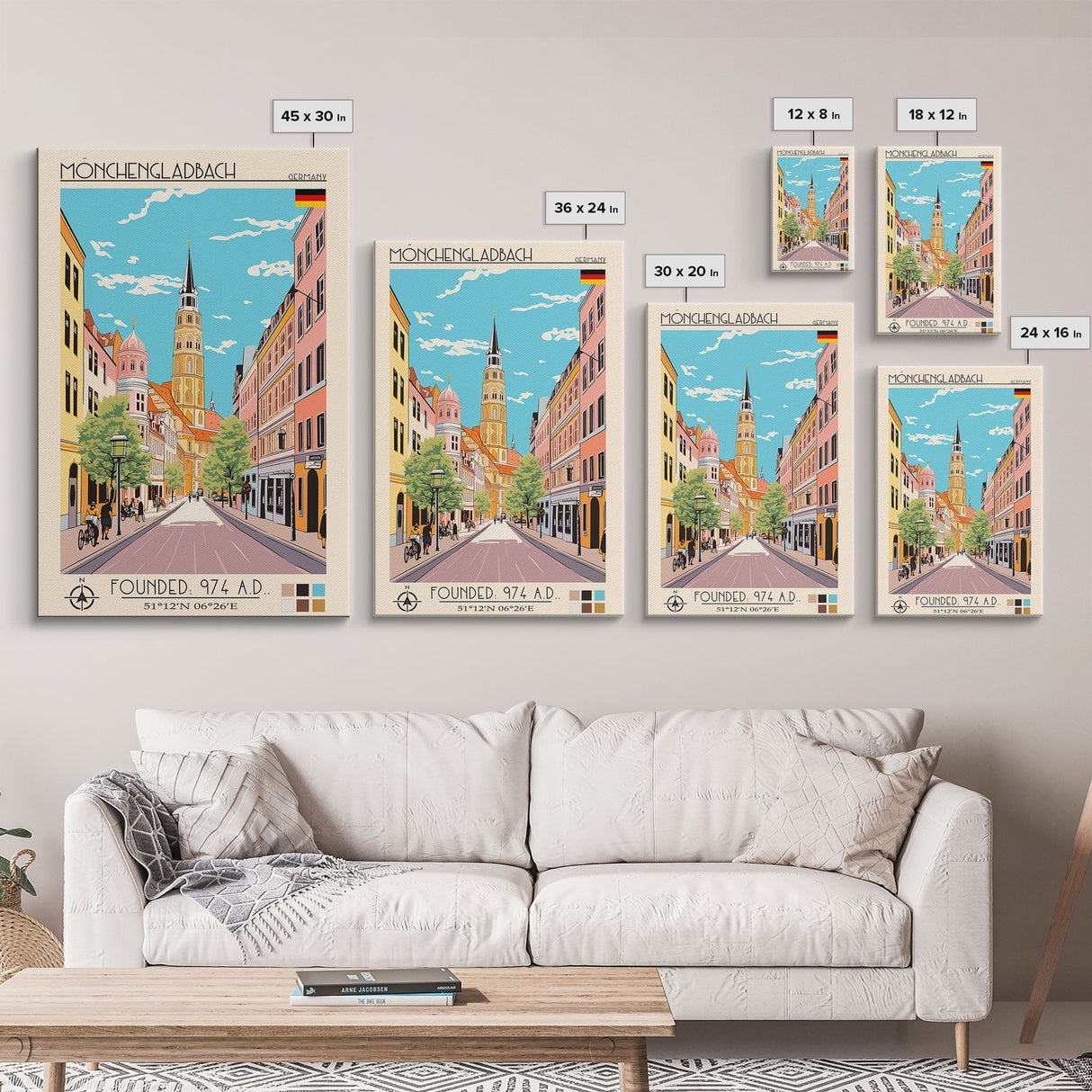 Mönchengladbach Germany Travel Poster Framed Canvas Print, Midcentury Modern Art, Pop Art Wall Decor, Scenic Living Room Art, Bedroom Gift