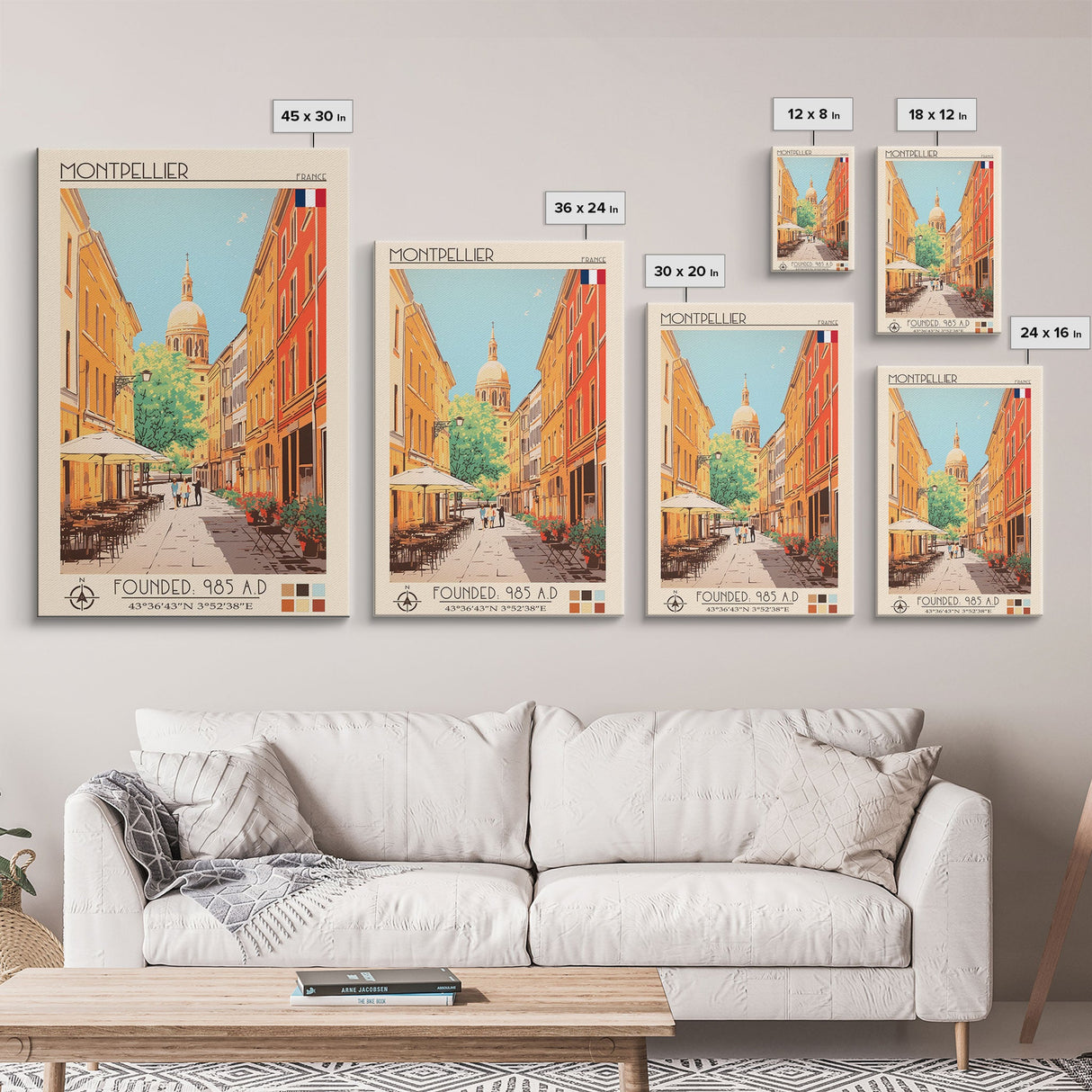 Montpellier France Travel Poster Framed Canvas Print, Midcentury Modern Art, Pop Art Wall Decor, Scenic Living Room Art, Bedroom Gift