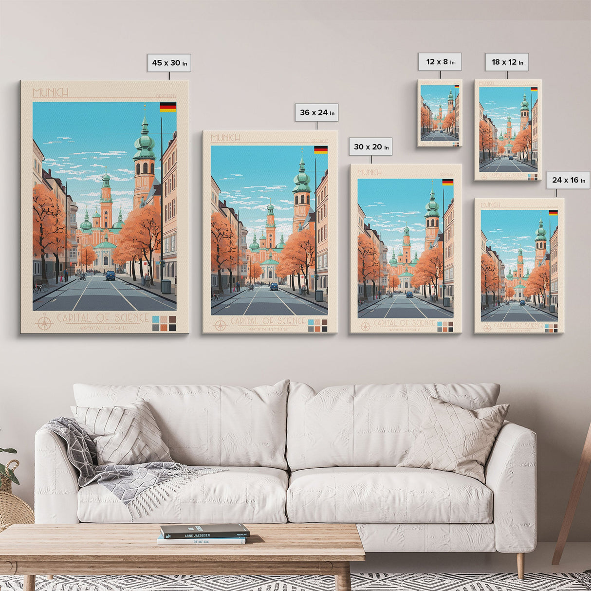 Munich Germany Travel Poster Framed Canvas Print, Midcentury Modern Art, Pop Art Wall Decor, Scenic Wall Art, Living Room Decoration, Office Gift