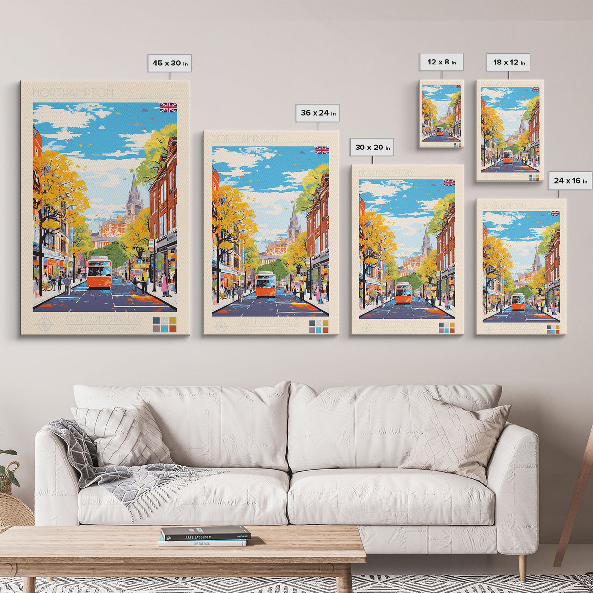 Northampton United Kingdom Travel Poster Framed Canvas Print, Midcentury Modern Art, Pop Art Wall Decor, Scenic Living Room Art, Bedroom Gift