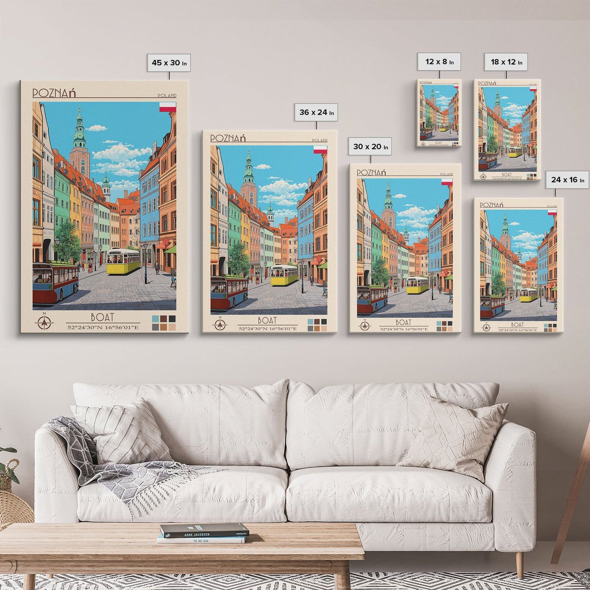 Poznań Poland Travel Poster Framed Canvas Print, Midcentury Modern Art, Pop Art Wall Decor, Scenic Bedroom Art, Office Decoration