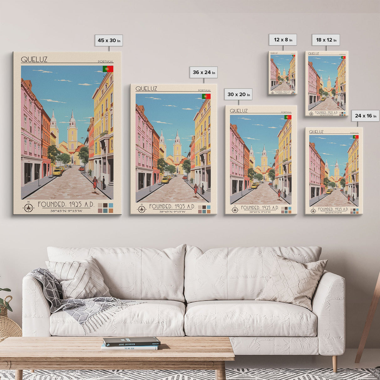 Queluz Portugal Travel Poster Framed Canvas Print, Midcentury Modern Art, Pop Art Wall Decor, Scenic Bedroom Art, Office Decoration