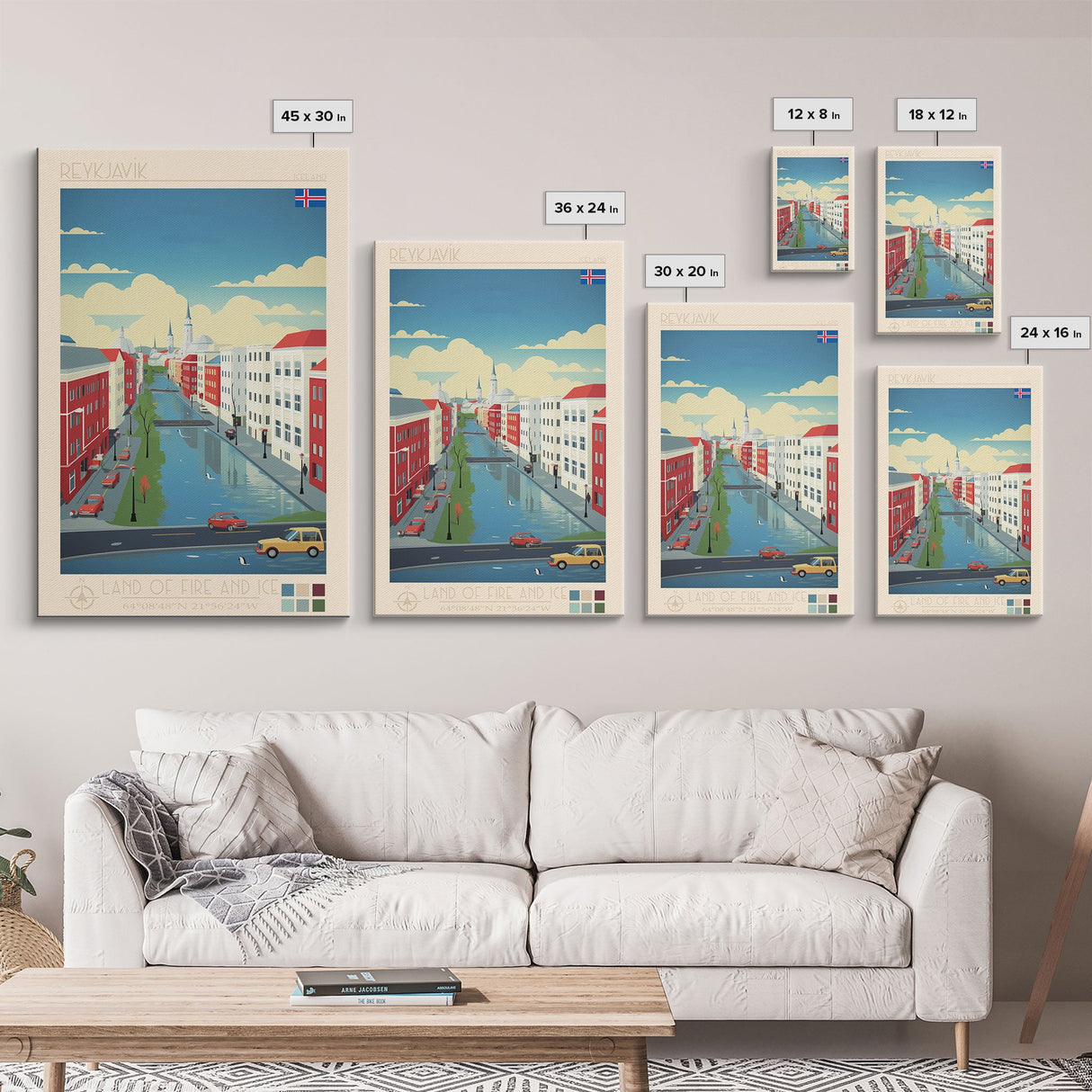 Reykjavik Iceland Travel Poster Framed Canvas Print, Midcentury Modern Art, Pop Art Wall Decor, Scenic Wall Art, Bedroom Decoration