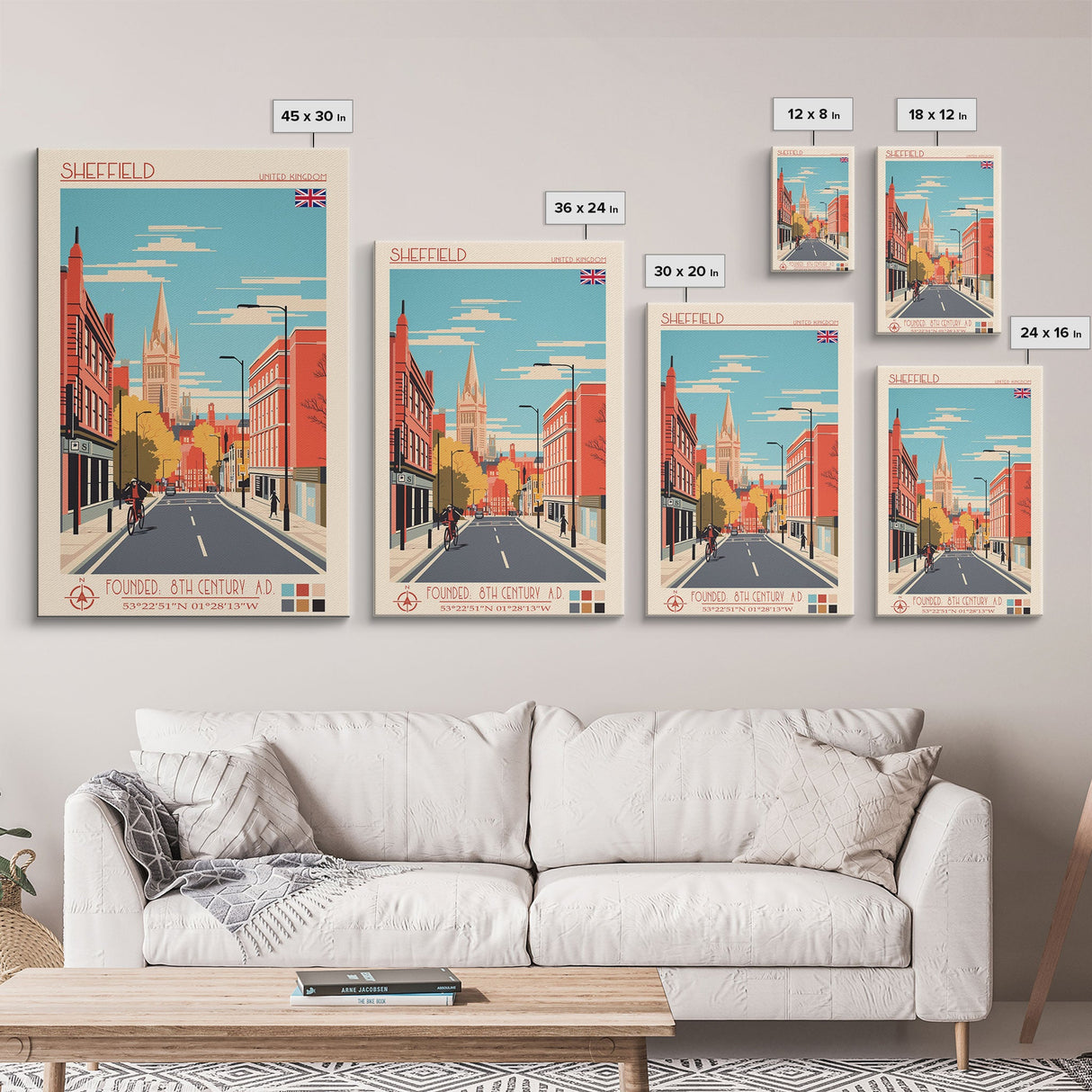Sheffield United Kingdom Travel Poster Framed Canvas Print, Midcentury Modern Art, Pop Art Wall Decor, Home Decor, Vacation Gift, Office Art
