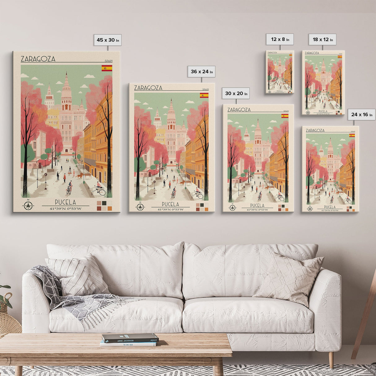 Zaragoza Spain Travel Poster Framed Canvas Print, Midcentury Modern Art, Pop Art Wall Decor, Living Room Art, Vacation Gift