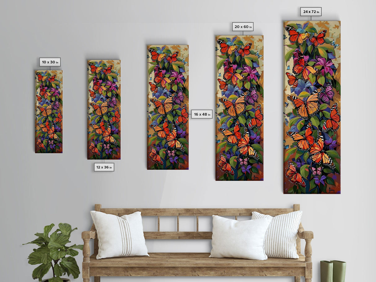Colorful Butterfly Vertical Framed Canvas Oil Painting, Abstract Botanical Wall Art, Gouache Style Painted Art, Housewarming Gift for Her