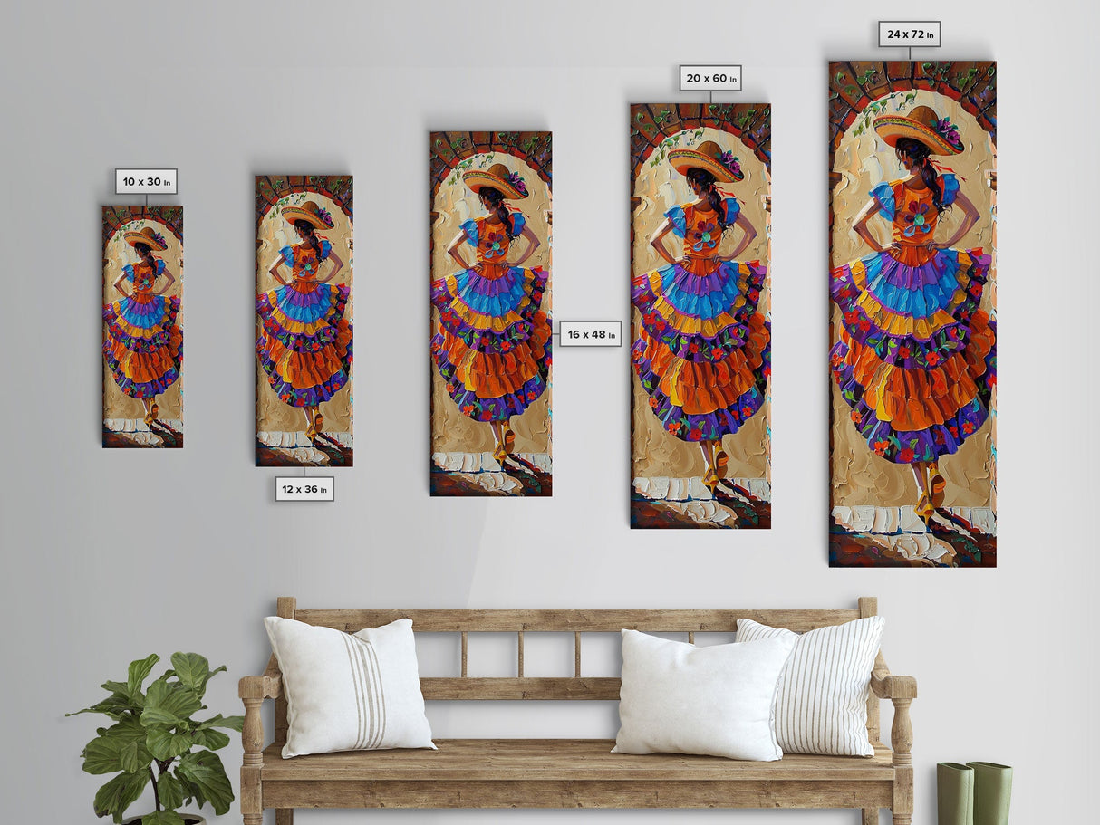 Jalisco Mexican Dancer Textured Oil Painting Printed and Framed on Canvas, Vertical Narrow Art Print, Mexican Inspired Home Decor