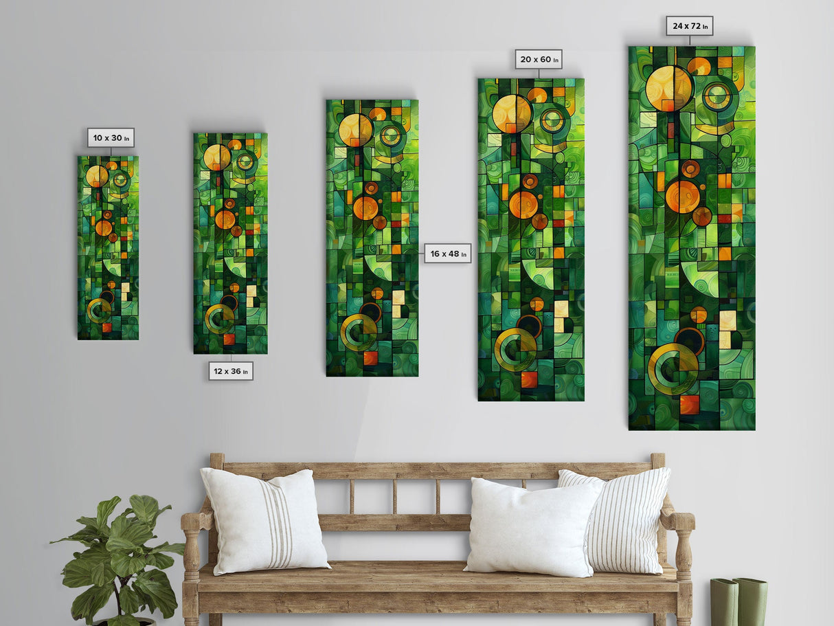 Geometric Abstract Art in Green and Yellow Tones - Framed Canvas Print, Midcentury Modern Art, Skinny Art, Tall Art, Living Room Wall Decor, Boho Art