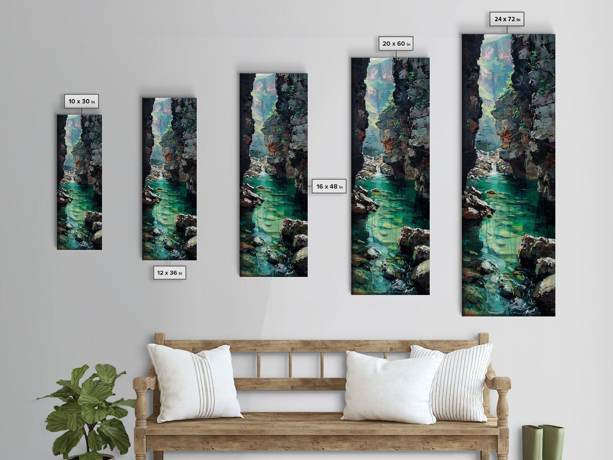 Serene Mountain River Gorge Scene Skinny Art Framed Canvas Print For Living Room Or Bedroom Wall Decor