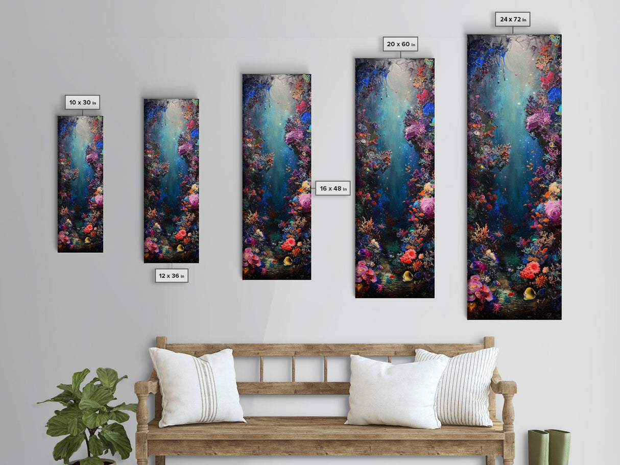 Deep Sea Adventure with Colorful Coral Reefs, Skinny and Tall Art, Stunning Framed Canvas Print, Underwater Landscape Wall Art