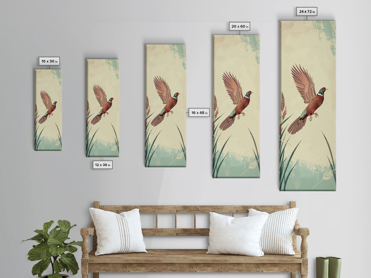Japanese Skinny Art of Pheasant in Flight with Graceful Wings and Earthy Tones – Framed Canvas Print
