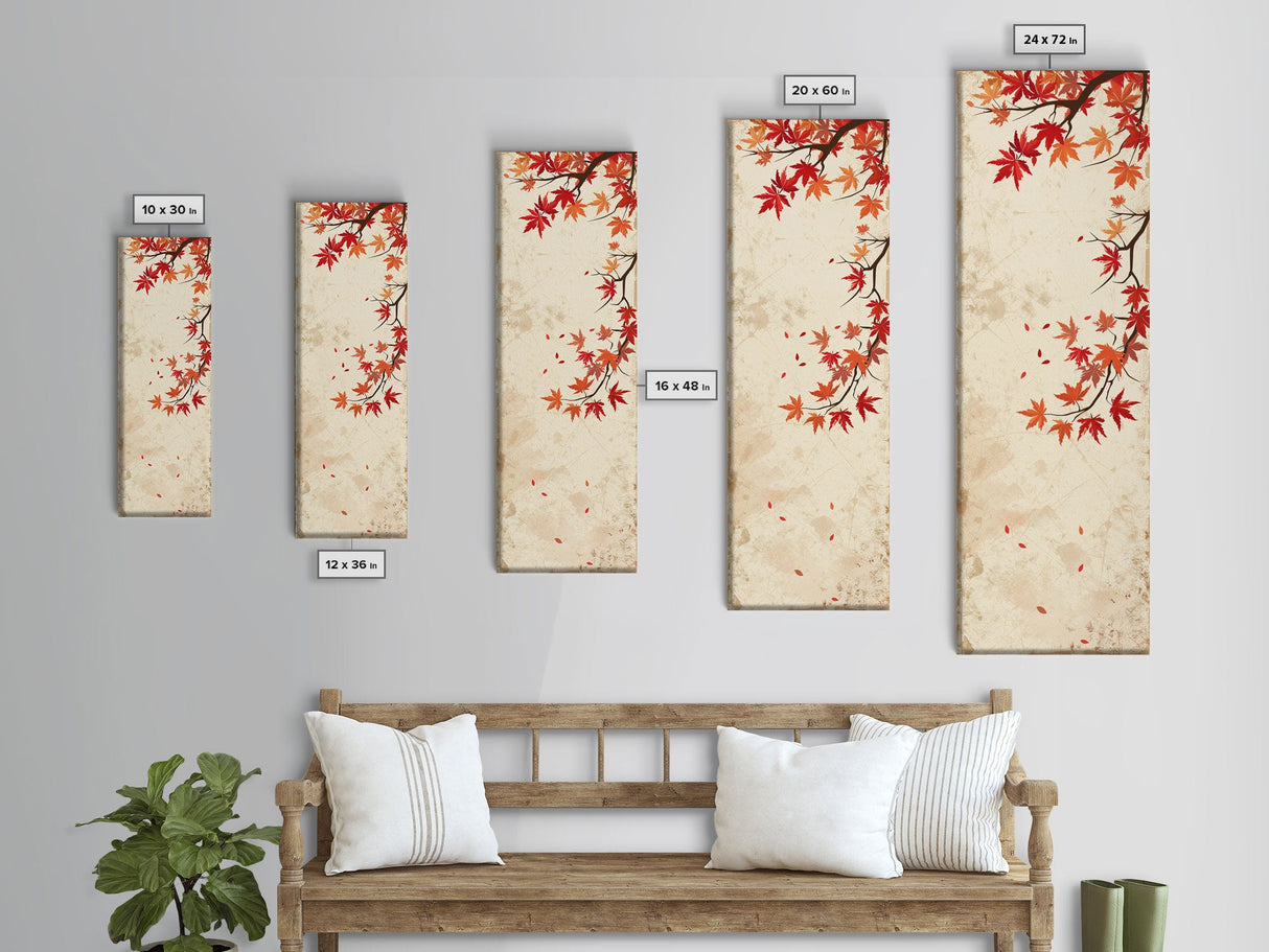 Skinny Art Maple Branch In Japanese Style Wood Block Print Autumn Leaves On Framed Canvas Print, Tall Art Ukiyo-e