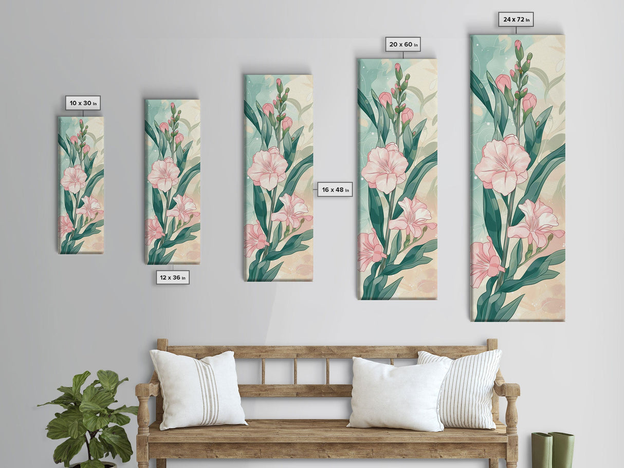 Skinny Art Pink Oleander Flowers In Japanese Style Wood Block Print Elegant Pastel Hues On Framed Canvas Print, Tall Art Ukiyo-e