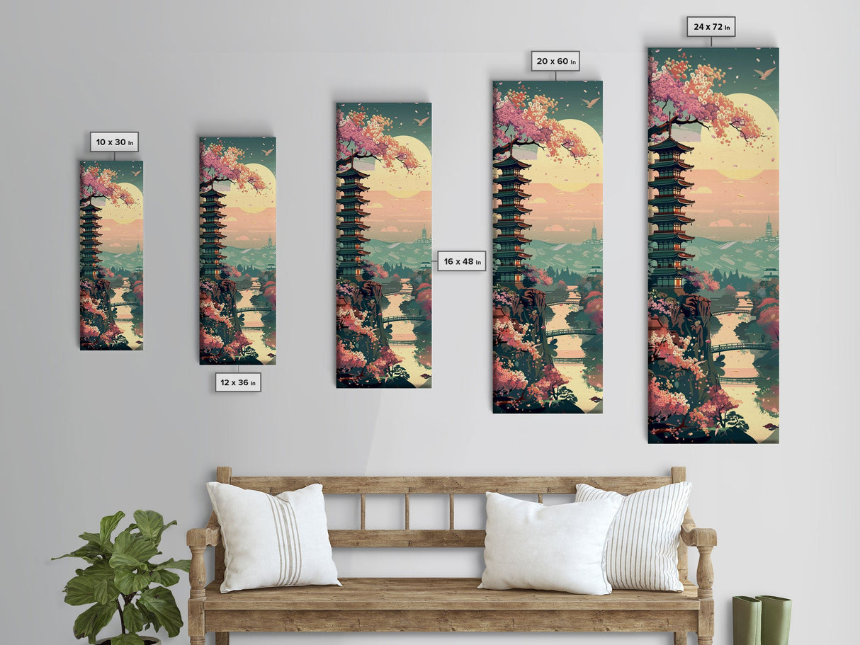 Japanese Pagoda Among Sakura Trees Under Yellow Moon Tall Art Skinny Art Framed Canvas Print Japanese Style Art Ukiyo-e Wood Block Print