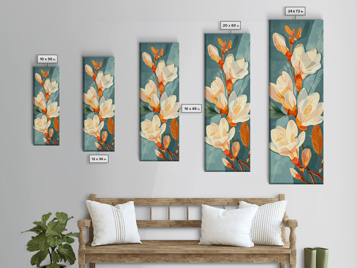 Light Cream Magnolia Blooms On Abstract Background Skinny Art Tall Art Framed Canvas Print Japanese Style Art Ukiyo-e Art Wood Block Print Delicate Decorative