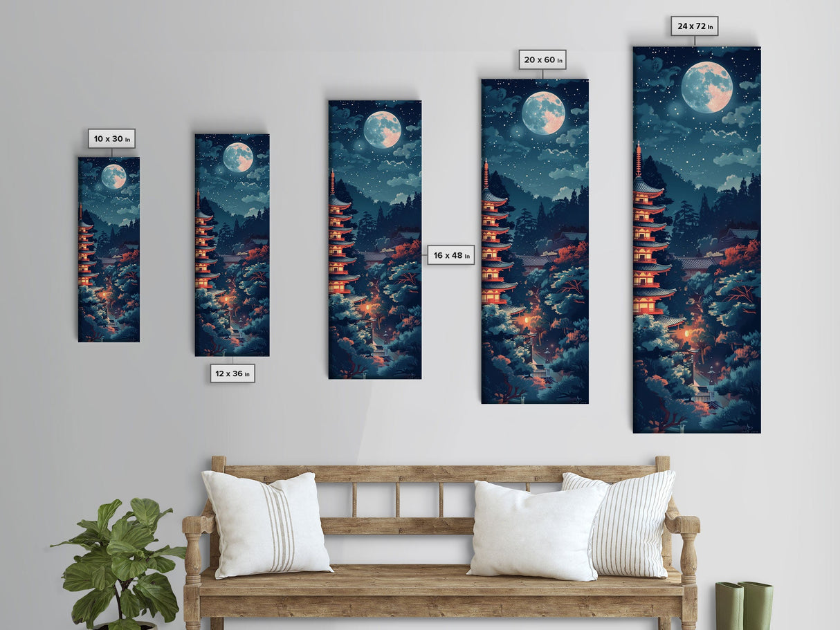 Peaceful Japanese Temple And Pagoda Under A Full Moon, Skinny Art Tall Wall Art Framed Canvas Print Japanese Style Art