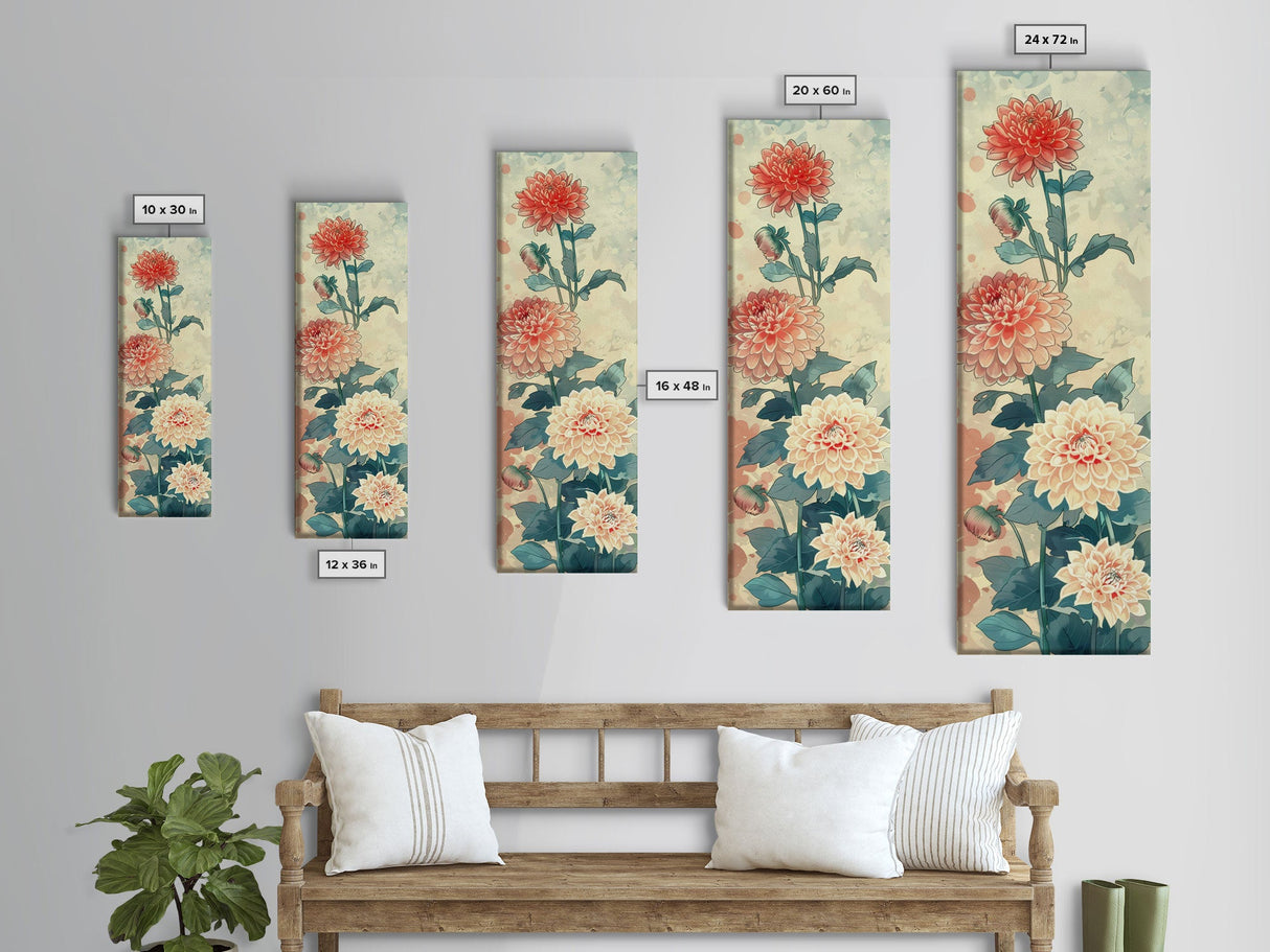 Chrysanthemums in Soft Pastel Tones on Tall Skinny Framed Canvas Print, Japanese Art Wall Decor