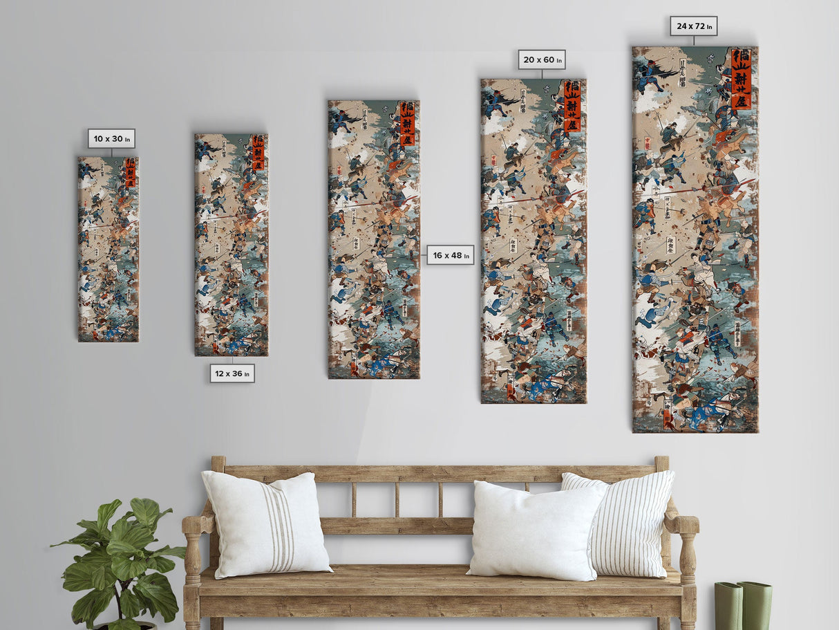Battle Scene Featuring Warriors in Traditional Japanese Armor Ukiyo-e Art Framed Canvas Print Skinny Tall Art