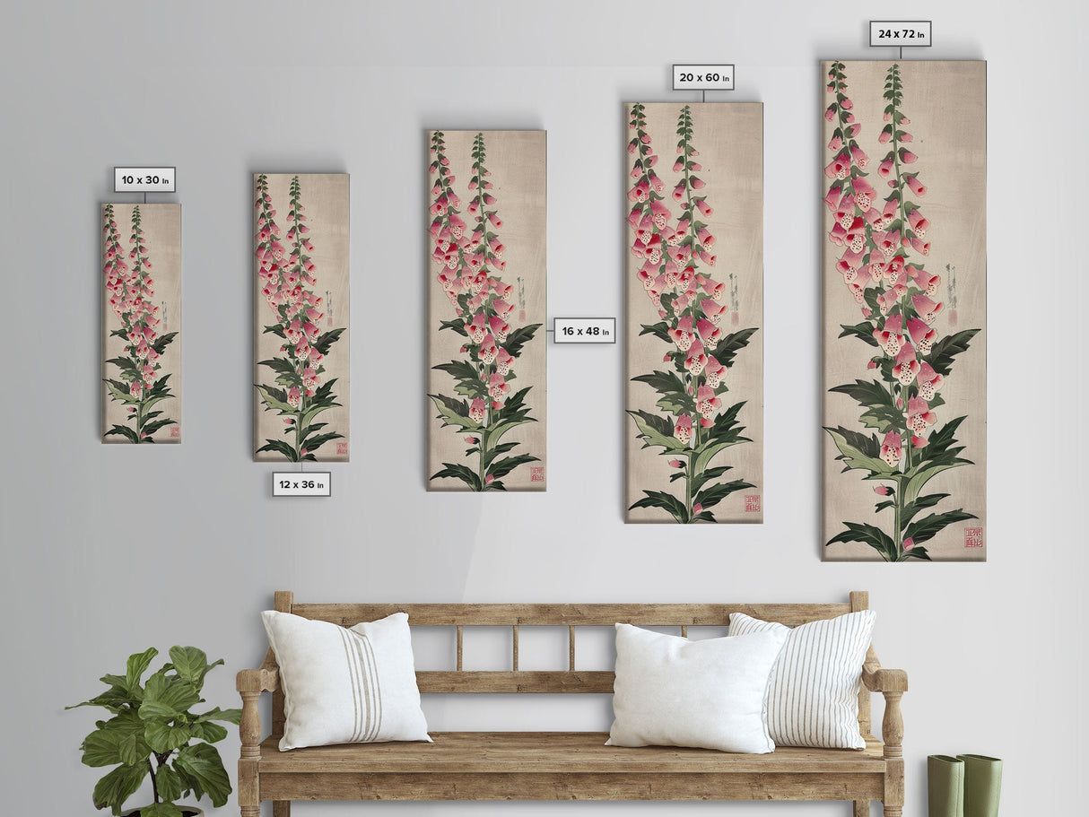 Skinny Art Tall Art Foxglove Flowers Wood Block Print Japanese Style Art Vertical Composition Framed Canvas Print