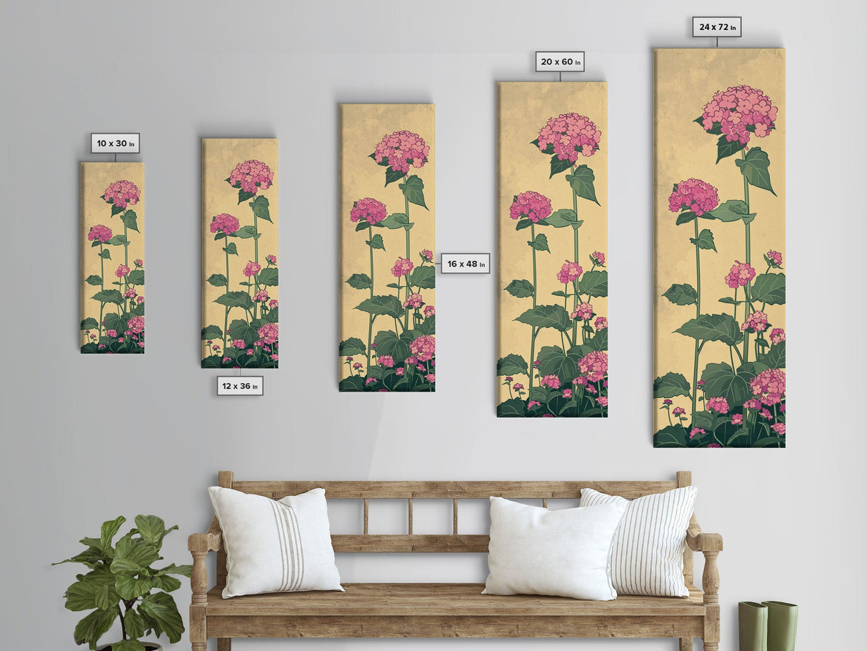 Pink Hydrangea Flowers In Bloom - Skinny Art Tall Art Framed Canvas Print Japanese Style Art Ukiyo-e Art