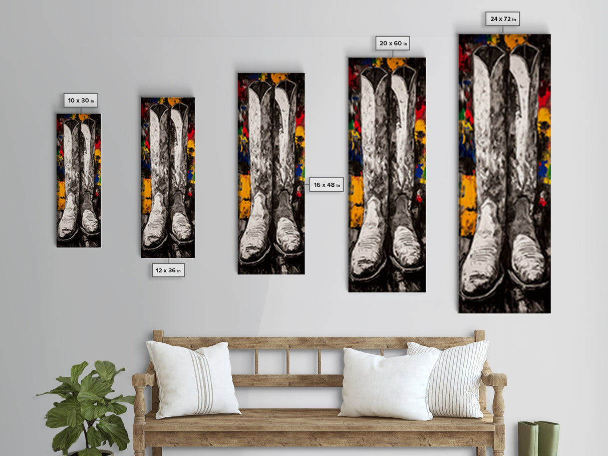 Black and White Cowboy Boots Framed Canvas Print, Rustic Wall Art, Western Art, Moody Art, Vintage Horse Art, Extra Wide Art