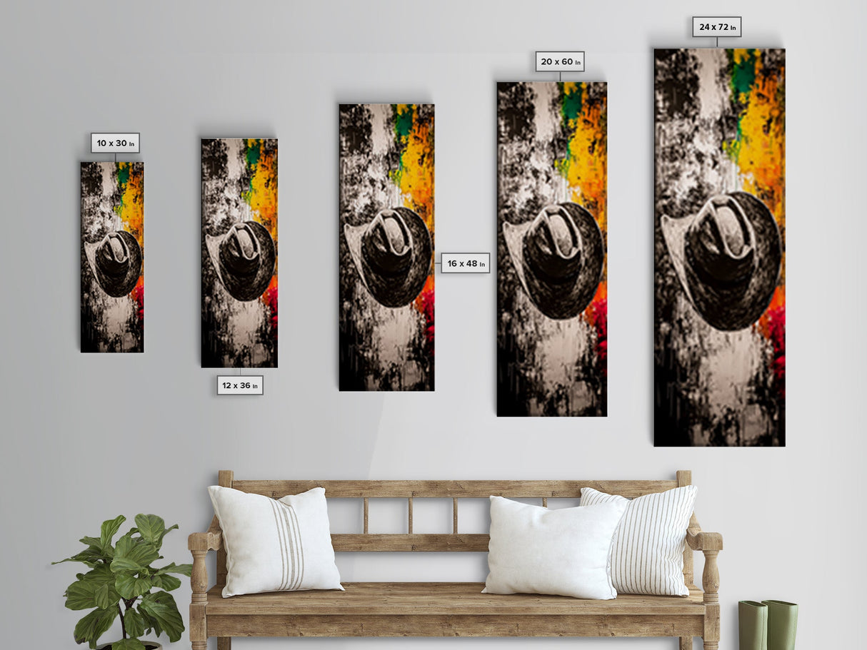Black and White Cowboy Hat Framed Canvas Print, Moody Art, Southwest Wall Art, Rustic Wall Art, Wabi Sabi Art, Extra Wide Art