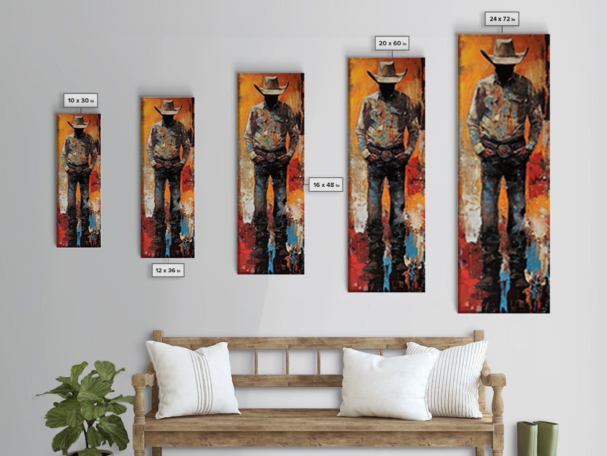 Lone Cowboy Sunset Framed Canvas Print southwest wall art extra wide art rustic wall art pink orange wall art bold decor cowboy art