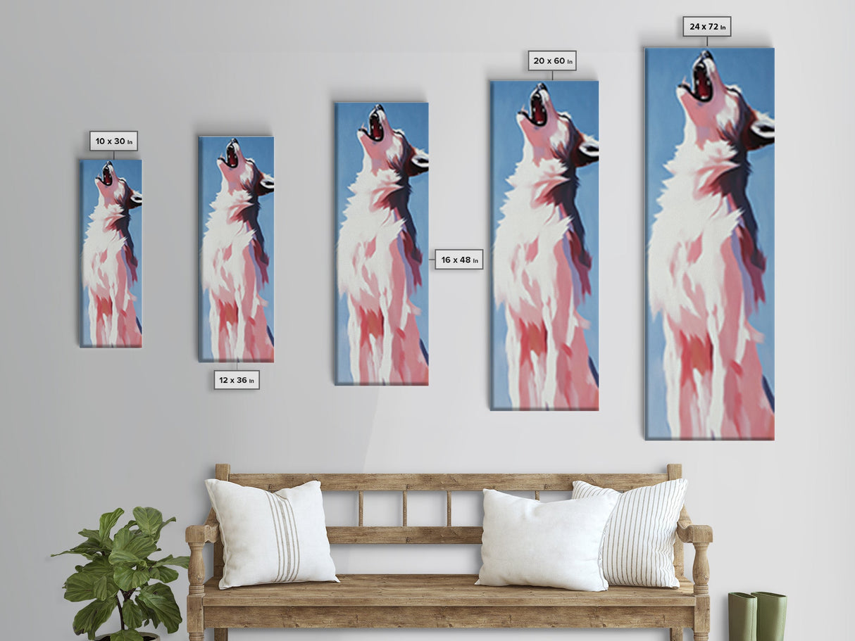 Majestic White Wolf Canvas Print moody art, minimalist art, vertical wall art, wabi sabi art, extra wide art, panoramic art, rustic wall art, wildlife painting, bedroom art, therapy art