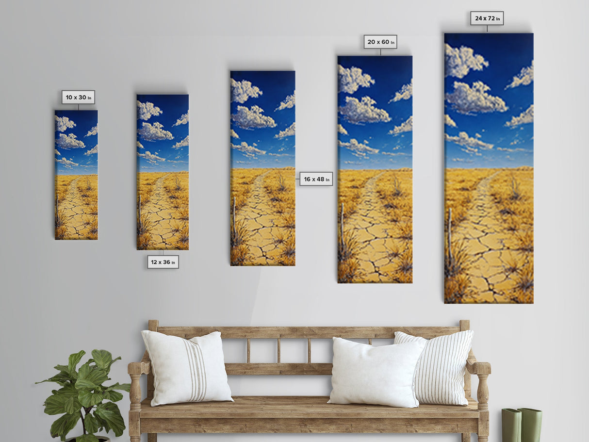 Golden Prairie Trail Framed Canvas Print rustic wall art, southwest wall art, landscape painting, farmhouse art, extra wide art, panoramic painting, above sofa art, wabi sabi art, Joshua tree art