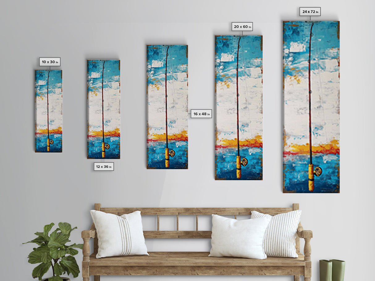 Fishing Rod Painting Canvas Print, Fly Fishing Art, Nautical Wall Art, Rustic Decor, Tall Narrow Art, Coastal Landscape Art, Above Couch Art, Fishing Wall Art, Nautical Decor, Farmhouse Art, Skinny Wall Art, Living Room Art, Gift Idea