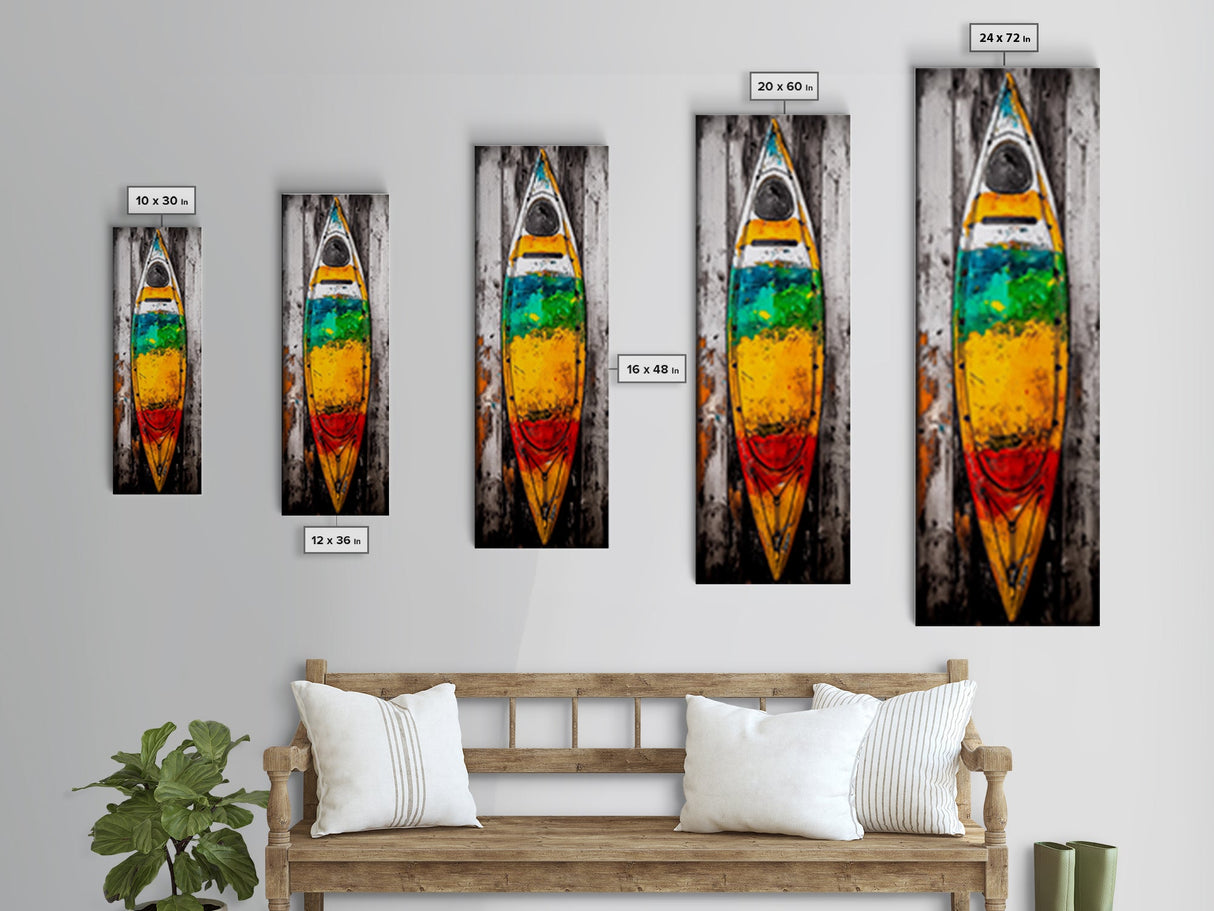 Vibrant Canoe Painting Canvas Print Coastal Landscape Art Nautical Decor Rustic Wall Art Living Room Art Tall Narrow Art