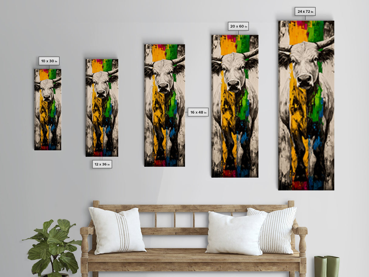 Colorful Bull Art Framed Canvas Print bull and bear art rustic decor farmhouse art southwest wall art geometric wall art extra wide art