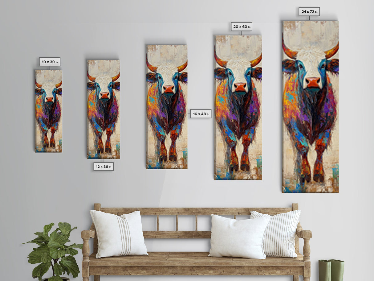 Colorful Bull Painting Canvas Print rustic wall art, barn landscape oil painting, farmhouse art, gift idea him, moody art decor