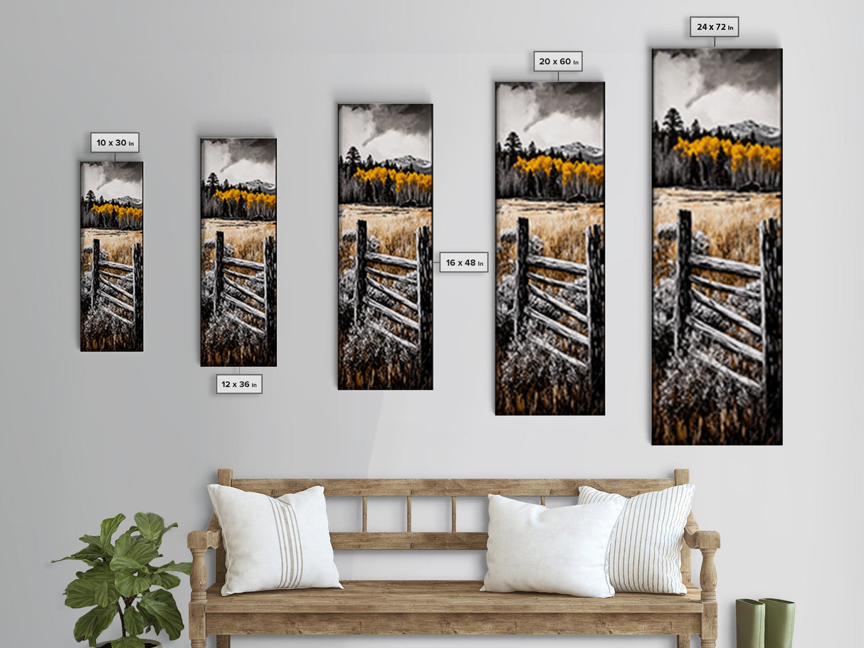 Rustic Mountain Fence Framed Canvas Print, Birch Tree Art, Fall Landscape Painting, Moody Art, Farmhouse Art, Above Sofa Art